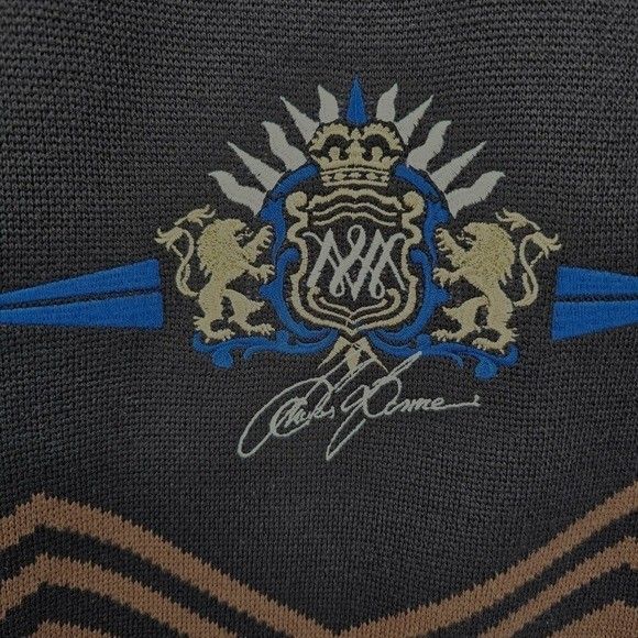 Bogner Mens M Vintage Wool Blend Black Blue Brown Embroidered Neck Zip Sweater - Picture 4 of 14